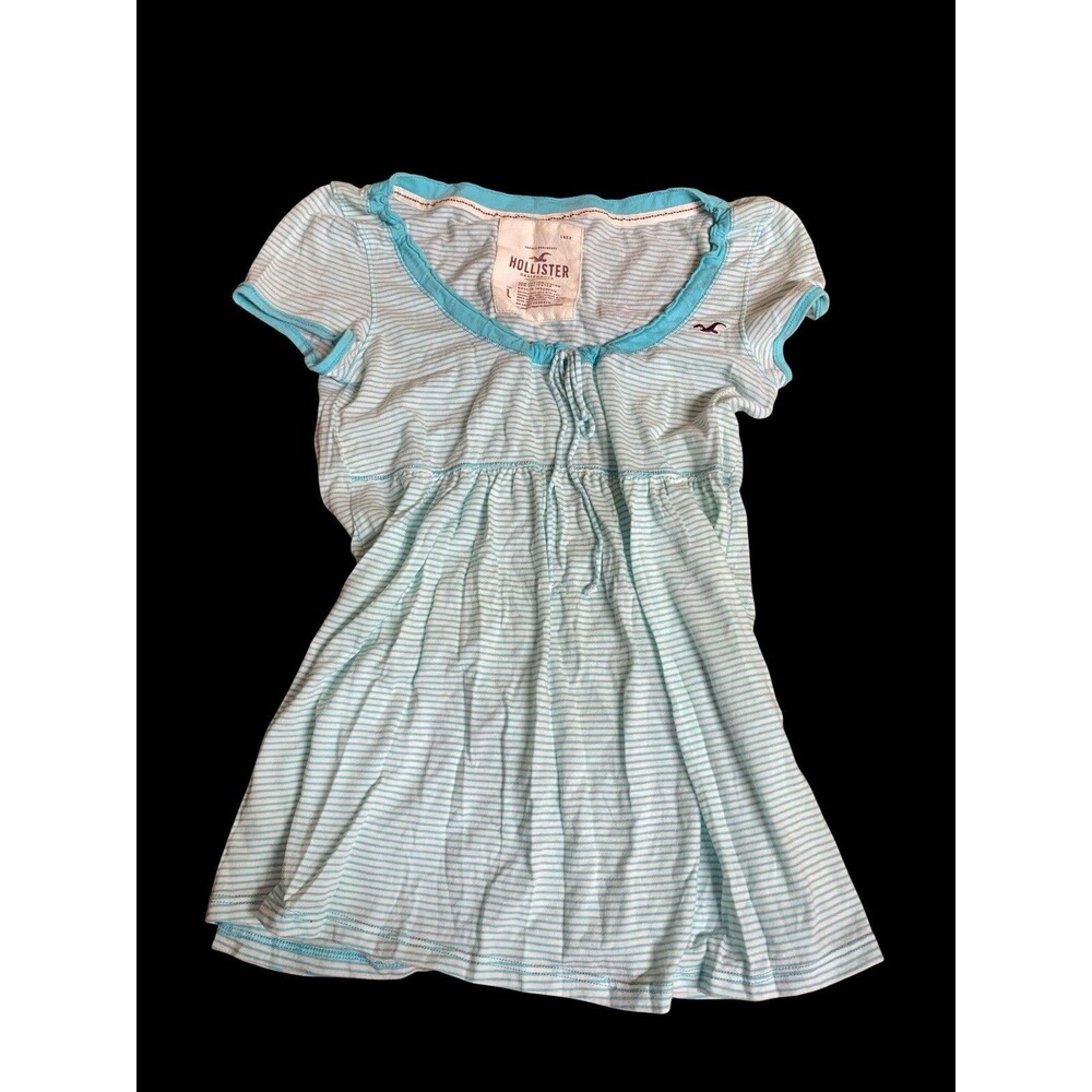 Vintage Y2K Hollister Babydoll Top Teal White Striped Tie Front L